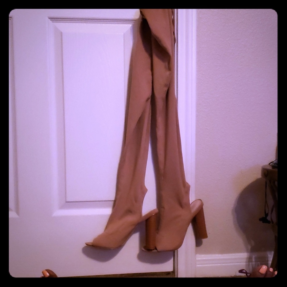 Imitation Yeezy over the knee peek a boo boot